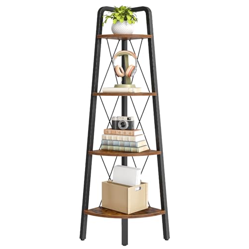 HOOBRO Corner Shelf, 4-Tier Corner Shelf Stand, 53.5" Tall Ladder Bookshelf, Industrial Corner Display Shelf Plant Stand for Living Room, Kitchen, Home Office, Rustic Brown BF144CJ01 - color: Rustic Brown + Black, size: 11.8"L x 11.8"W x 53.5"H