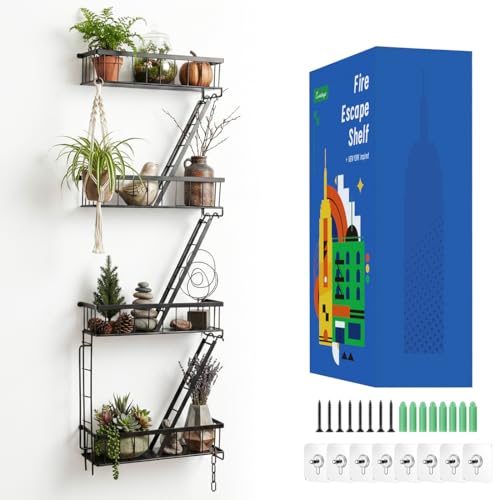 SweetSage Fire Escape Wall Shelf 4 Tier - NYC Decorative Floating Shelf Black Metal Book Shelves for Home Office Apartment Organizer and Display - color: Black-4tier