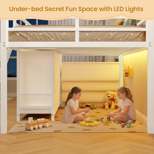 BTHFST Low Loft Bed Twin Size with 3 Storage Drawers, 3-Tier Kids Bookshelf, 5 Open Cubbies and 2 LED Lights Strips, Metal Kids Loft Bed with High Safety Guardrail, Inclined Ladder and Play Area - color: White