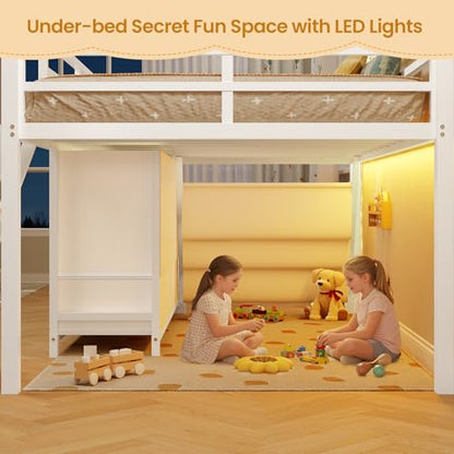 BTHFST Low Loft Bed Twin Size with 3 Storage Drawers, 3-Tier Kids Bookshelf, 5 Open Cubbies and 2 LED Lights Strips, Metal Kids Loft Bed with High Safety Guardrail, Inclined Ladder and Play Area - color: White