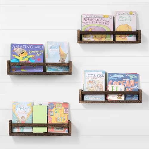 Nursery Room Shelves Set of 4, Wood Floating Book Shelves for Kids Room, Baby Book Shelf for Nursery, Kitchen Spice Rack (Carbonized Brown) - color: Carbonized Brown