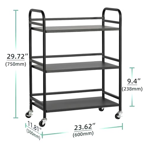 DCLRN 3 Tier Rolling Cart with Lockable Wheels Sturdy Construction,Solid Shelves,Recessed Screw Holes Ideal for Kitchen and Home Storage Size:23.6" Dx11.8 Wx29.5 H(Black) - size: Large