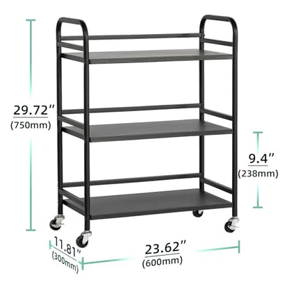 DCLRN 3 Tier Rolling Cart with Lockable Wheels Sturdy Construction,Solid Shelves,Recessed Screw Holes Ideal for Kitchen and Home Storage Size:23.6" Dx11.8 Wx29.5 H(Black) - size: Large