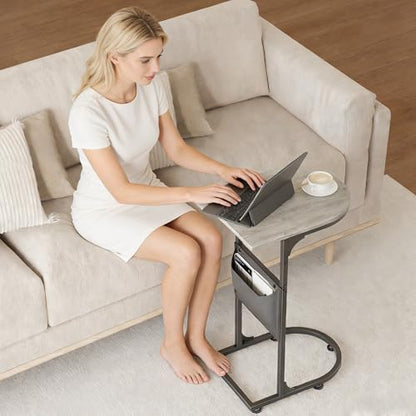 C Shaped End Table, Slide Under Small Side Table for Couch & Small Spaces | Wobble-Free C Table For Sofa, Greige, Storage Bag, Sturdy Metal Frame, Wood Top, Living Room & Bedroom, 15-Min Quick Assembly - color: Classic Greige