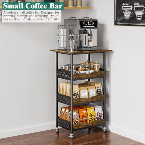 Giwil 4-Tier Rolling Kitchen Cart, Microwave Stand with Wooden Top Coffee Station Table Snack Rack Organizer, Utility Cart on Wheels for Onions Potatoes, Black - size: 4 Tier with Big Top
