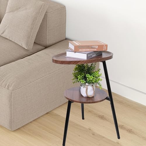 Side Table Small End Table, Oval Round Wood Sofa Table, 2 Tier Accent Table Nightstand Bedside Table with Metal Frame for Living Room, Bedroom, Small Spaces (Rustic Brown)