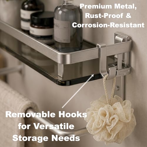 VOLPONE Glass Shelf for Bathroom 15.7 in Bathroom Shelves with Towel Bar Tempered Glass Shelves with 4 Removable Hooks for Wall（2 Tier） - style: 2 tier with towel bar-silver