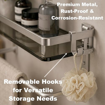 VOLPONE Glass Shelf for Bathroom 15.7 in Bathroom Shelves with Towel Bar Tempered Glass Shelves with 4 Removable Hooks for Wall（2 Tier） - style: 2 tier with towel bar-silver