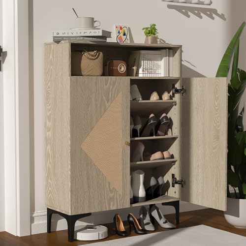 Shoe Cabinet Storage for entryway, Rattan Shoe Cabinet with Double Doors, 3 Adjustable Shelves, Slim Modern Shoe Organizer Cabinet with Open top Shelf and Metal Legs