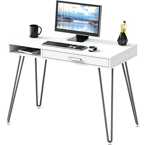 SHW Home Office Computer Hairpin Leg Desk with Drawer, White - color: White