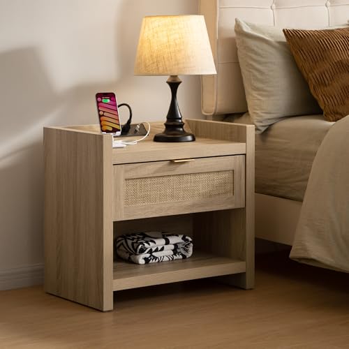 SICOTAS Rattan Nightstand End Table - Boho Night Stand Bedside Table with Type-C Charging Station, Wicker Decor Drawer Storage Cabinet Night Stands for Bedroom - Light Oak - color: Reclaimed Light Oak, size: 1 Piece