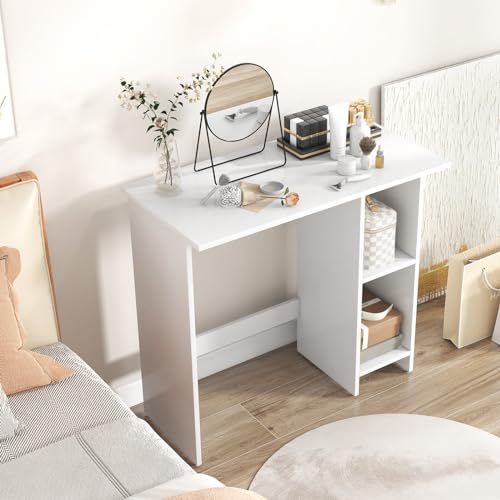 Giantex Small White Desk, Compact Study Writing Desk with 3-Position Adjustable Shelf, Anti-Toppling Kit, Modern PC Laptop Table, Home Office Computer Workstation for Small Space Bedroom Dorm - color: White