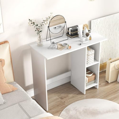 Giantex Small White Desk, Compact Study Writing Desk with 3-Position Adjustable Shelf, Anti-Toppling Kit, Modern PC Laptop Table, Home Office Computer Workstation for Small Space Bedroom Dorm - color: White