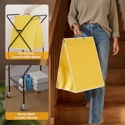Convenient Laundry Basket with Wheels,36" High Easy Rolling Laundry Cart with Wheels,Heavy Duty Dirty Clothes Laundry Hamper with Handles Removable Bag for Seniors,Folding Metal Frame/Yellow/98L - color: Yellow