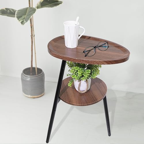 Side Table Small End Table, Oval Round Wood Sofa Table, 2 Tier Accent Table Nightstand Bedside Table with Metal Frame for Living Room, Bedroom, Small Spaces (Rustic Brown)