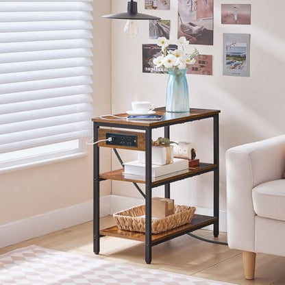 HOOBRO End Table with Charging Station, Side Table with 3 Tier Storage Shelf, Narrow Nightstand for Small Spaces, for Living Room, Bedroom, Easy Assembly, Rustic Brown and Black BF149UBZ01 - color: Rustic Brown + Black