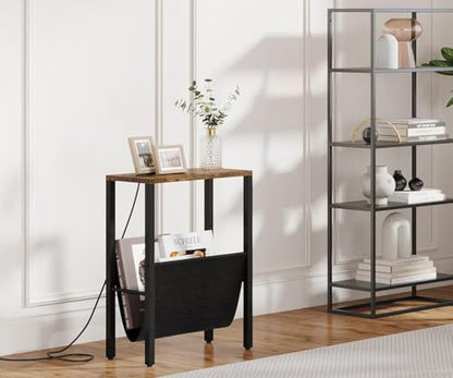 Narrow Side Table with Charging Station, Skinny Nightstand with USB Ports & Outlet, Slim Sofa Side Table with Storage Bag, Small End Table for Small Spaces, Living Room, Bedroom, Rustic Brown - color: Rustic Brown