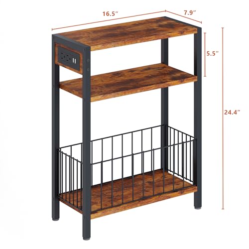 TRIFEBLE Narrow Side Table with Charging Station, Small End Table for Small Spaces, Slim Nightstand with Storage Basket, 3 Tier Skinny Bedside Table for Living Room, Bedroom, Rustic Brown - color: Rustic Brown, style: With Basket & Power
