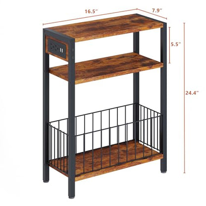TRIFEBLE Narrow Side Table with Charging Station, Small End Table for Small Spaces, Slim Nightstand with Storage Basket, 3 Tier Skinny Bedside Table for Living Room, Bedroom, Rustic Brown - color: Rustic Brown, style: With Basket & Power