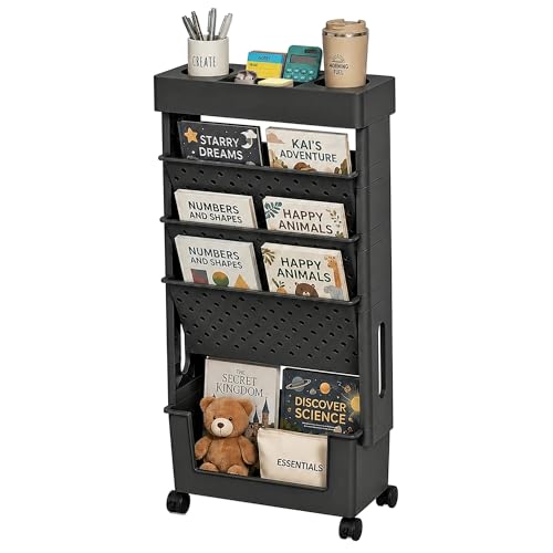 5-Tier Rolling Book Cart, Black, for Study Room & Office | PP Plastic Material, Mobile Bookshelf, File, Magazine Storage, Lockable Wheels, for Classroom, Easy Assembly - color: Black, size: 5-Tier