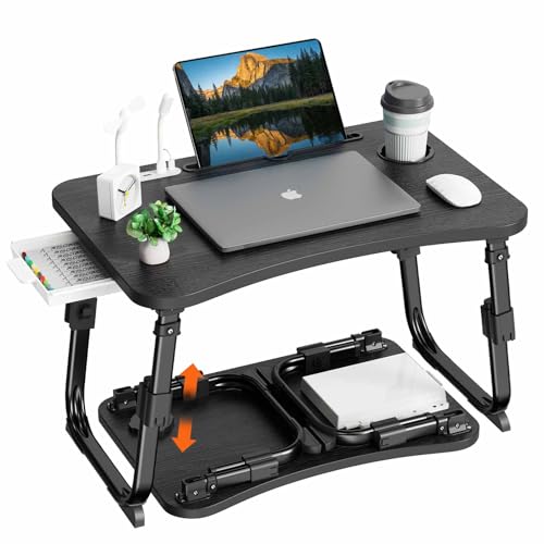 BYMECOST Laptop Desk for Bed, Height Adjustable Laptop Bed Table, Foldable Portable Lap Desk Stand with USB/Storage Drawer/Cup Holder/Slot, Breakfast Tray for Working Reading Writing Eating - color: Black