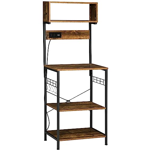 HOMCOM Kitchen Bakers Rack with Storage, Power Outlet, Rustic Brown | USB Charger, Microwave Stand, Coffee Bar with Adjustable Shelves, 5 Hooks