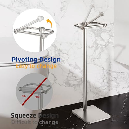 RUACQ Bathroom Toilet Paper Holder Stand, Brushed Nickel | Dual-Post Pivoting Free Standing Toilet Roll Holder with Weighted Base, Anti-drop Design 304 Stainless Steel Tissue Stand - color: Brushed Nickel, size: Free Standing