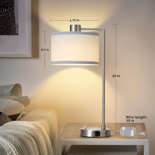 Luvkczc Table Lamps for Living Room with USB C+A Ports - Fully Stepless Dimmable Bedsides Lamp with Linen Lampshade, Lamps for Night Stands Bedroom Reading Office, 2 LED Bulbs Included (Silver) - color: Silver