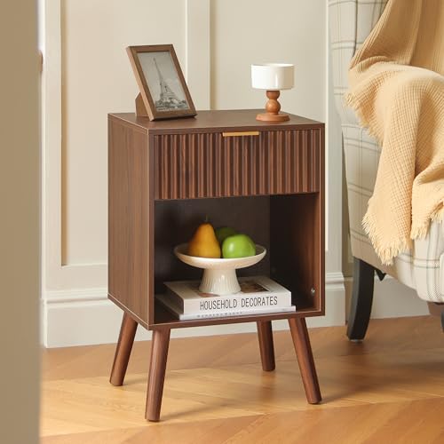 Fultyle Walnut Nightstand, Modern Night Stand with Fluted Drawer and Open Storage, Wooden Bedside Table with Solid Wood Legs for Bedroom, Living Room, Office (Walnut Brown) - color: Walnut Brown