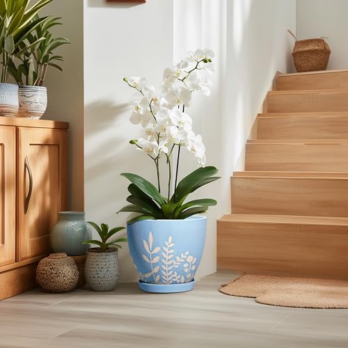 10 Inch Large Ceramic Plant Pot with Saucer - Round Planter with Drainage for Indoor Outdoor Plants, Boho Flower Pot, Home Office Room Garden Decor, Housewarming Gift, Blue - size: 10 Inch