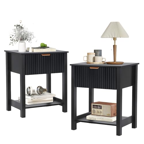Small Nightstand Set of 2 with Drawer,Mid Century Modern Nightstand for Bedroom, Fluted End Table with Storage for Living Room,Couch Sofa,Bedside,Office,Desk Side Table for Small Spaces-Black - size: 2 Piece Set