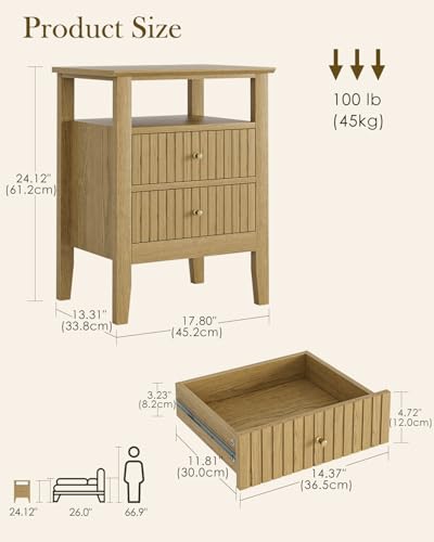 Fluted Nightstand, Farmhouse Night Stand with 2 Drawers, Mid Century Modern Side Accent Table,Bedside End Table for Bedroom, Living Room, Yellow Oak - color: Oak, size: 2 Drawers