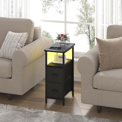 sthmec Narrow End Table with Charging Station, Narrow Side Table with 2 Fabric Drawers, LED End Table, Slim Nightstand with LED Light, Small Side Table for Small Spaces, Living Room, Bedroom, Black - color: Black, size: 7.87'' W x 15.75'' D x 24.37'' H, s