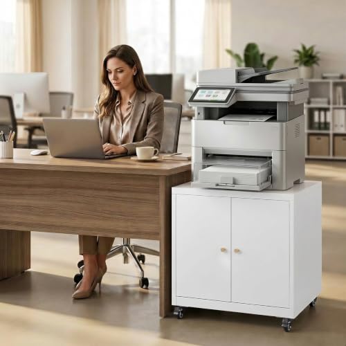 Metal Printer Stand with Storage Cabinet & Wheels, Heavy Duty Rolling Printer Cart with Adjustable Shelf, Large Printer Table for Home Office, Under Desk Printer Cabinet, White 23.6” H