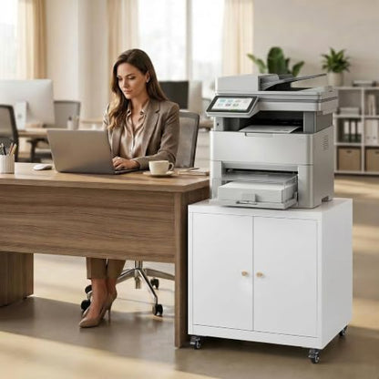 Metal Printer Stand with Storage Cabinet & Wheels, Heavy Duty Rolling Printer Cart with Adjustable Shelf, Large Printer Table for Home Office, Under Desk Printer Cabinet, White 23.6” H