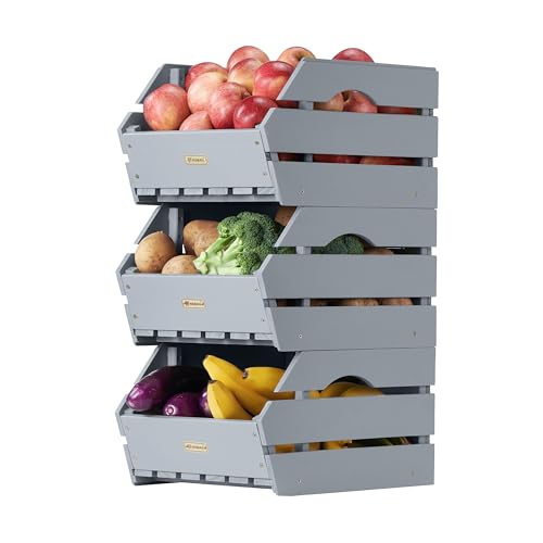 Wood Potato Onion Storage Bins - Wooden Stackable Produce Basket - Fruit Vegetable Storage for Kitchen Pantry Organization, Set 3 Pieces - color: Dusty Grey
