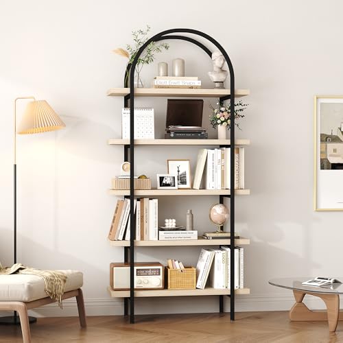 Yusong Bookshelf 5 Tier Arched Bookcase, 74" Tall Industrial Open Book Shelves for Living Room, Modern Freestanding Display Shelving Storage Rack with Metal Frame, Office, Bedroom, Natural Wood Color