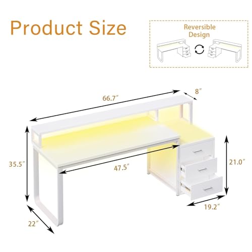 HOMBCK White Computer Desk with 3 Drawers and LED Lights, 67" Home Office Desk with Long Monitor Stand and Printer Shelfe, Writing Desk with Storage, Reversible Design，White - color: White