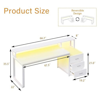 HOMBCK White Computer Desk with 3 Drawers and LED Lights, 67" Home Office Desk with Long Monitor Stand and Printer Shelfe, Writing Desk with Storage, Reversible Design，White - color: White