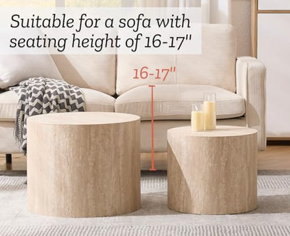EALSON Nesting Coffee Tables Set of 2 Farmhouse Small Round End Tables Modern Circle Side Table Drum Table for Living Room/Small Spaces/Bedroom/Balcony, No Assembly, Travertine - color: Travertine