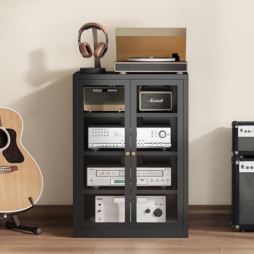 Metal Media Cabinet, 4-Tier Stereo Cabinet with Glass Doors & Adjustable Shelves, Audio AV Rack with Cable Management, Black - color: Black, style: FloorSeal