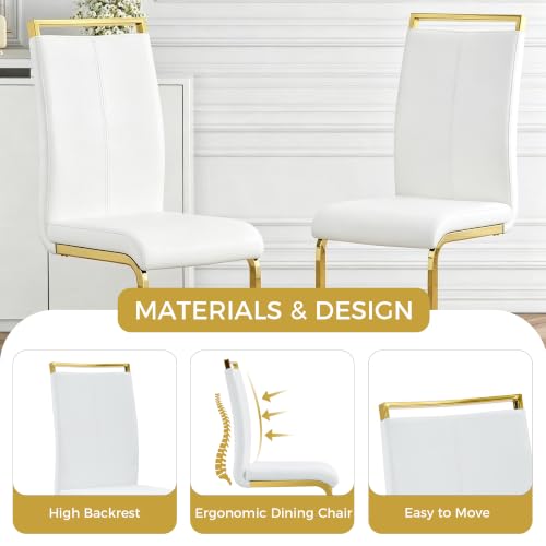 Baysitone Modern Dining Chairs Set of 2, Side Dining Room Chairs with Golden Legs, Kitchen Chairs with Faux Leather Padded Seat High Back for Dining Room, Kitchen, Living Room White - color: White With Gold Leg, size: Set of 2