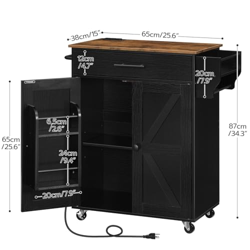 HOOBRO Kitchen Island with Power Outlet, Rolling Kitchen Island with Large Worktop, Kitchen Island Cart with Spice Rack and Drawer, Island Table for Dining Room, Rustic Brown and Black BF88UZD01 - color: Rustic Brown + Black