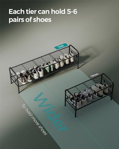 SONGMICS Shoe Rack, 2-Tier Shoe Organizer, Metal Shoe Shelf Storage with 4 Side Hooks, Holds 18 Pairs of Shoes, Height-Adjustable Shoe Rack for Entryway, Hallway, Closet, Ink Black ULMR121B01 - size: 2 Tiers (44.9"W)