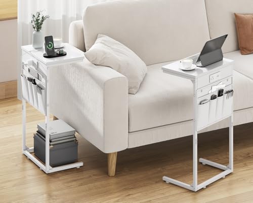 C Shaped End Table with Charging Station, 28" Tall Couch Side Table, Sofa Table Beside Table, Slide Under Sofa Arm C Table for Small Spaces, TV Tray Table for Living Room, Bedroom, White - color: White