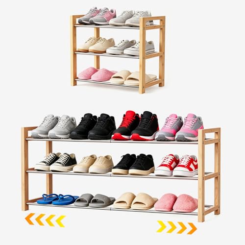 Shoe Rack Wooden, Oak Expandable Shoe Organizer, 3-Tier Stainless Steel Shoe Shelf, 17.7“-31.4” Shoe Storage 6-12 Pairs, for Closet, Garage, Narrow Spaces, Entryway, Door Entrance
