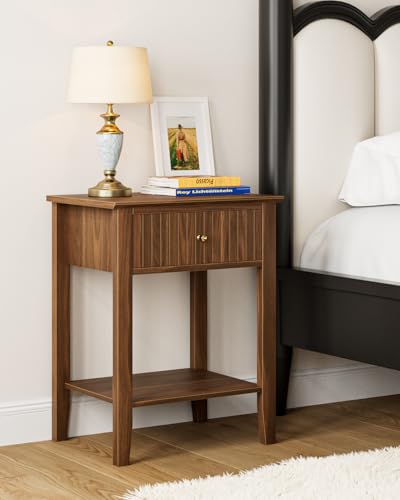 Fluted Nightstand, Farmhouse Night Stand with 1 Drawers, Mid Century Modern Side Accent Table,Bedside End Table for Bedroom, Living Room, Brown - color: Walnut Brown, size: 1 Drawer
