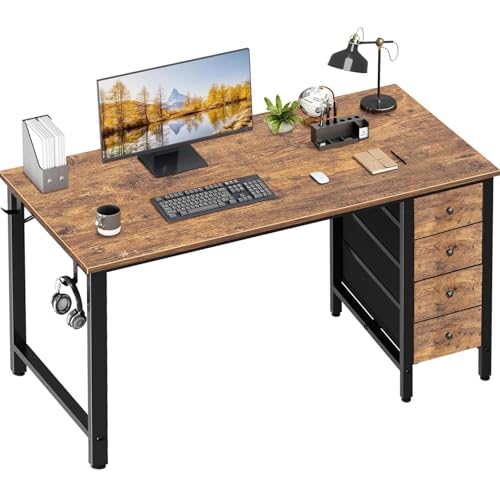 Lufeiya Computer Desk with Drawers - 55 Inch Long Study Work Writing Desk for Home Office Bedroom, Reversible Simple Modern Cute PC Desks with Fabric Drawer, Rustic Brown - color: Rustic Brown, size: 55.1"