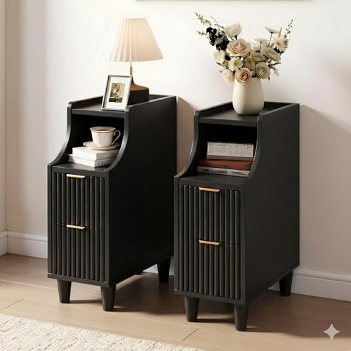 7.9" Narrow Fluted Nightstand Set of 2,Slim Side End Table with 2 Drawers,Black Modern Bedside Table,Skinny Night Stand for Small/Compact Space, Motorhome (Black) - color: Black