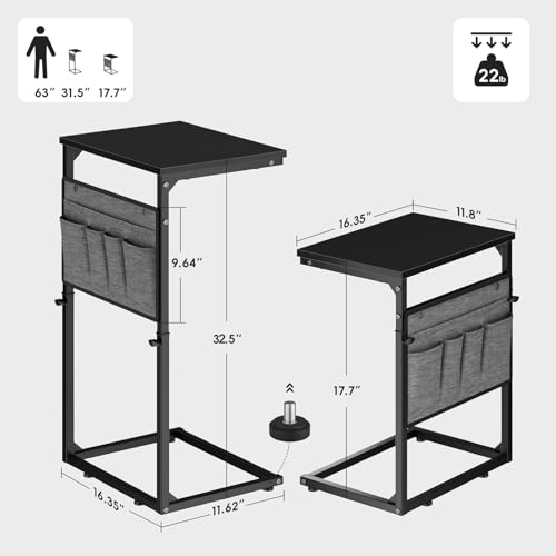 Vagusicc C Shaped End Table, 33'' Tall Side Table for Couch, Adjustable Height Small Couch Side Table for Small Spaces, Couch Table Slide Under Sofa Table TV Tray Table for Living Room Bedroom, Black - color: Black